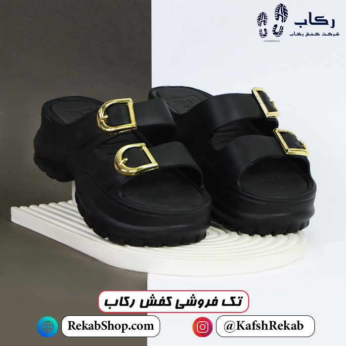 دمپایی زنانه لاکچری جدید پلاستیکی طرح کاسپین نگ مشکی مدل طلا